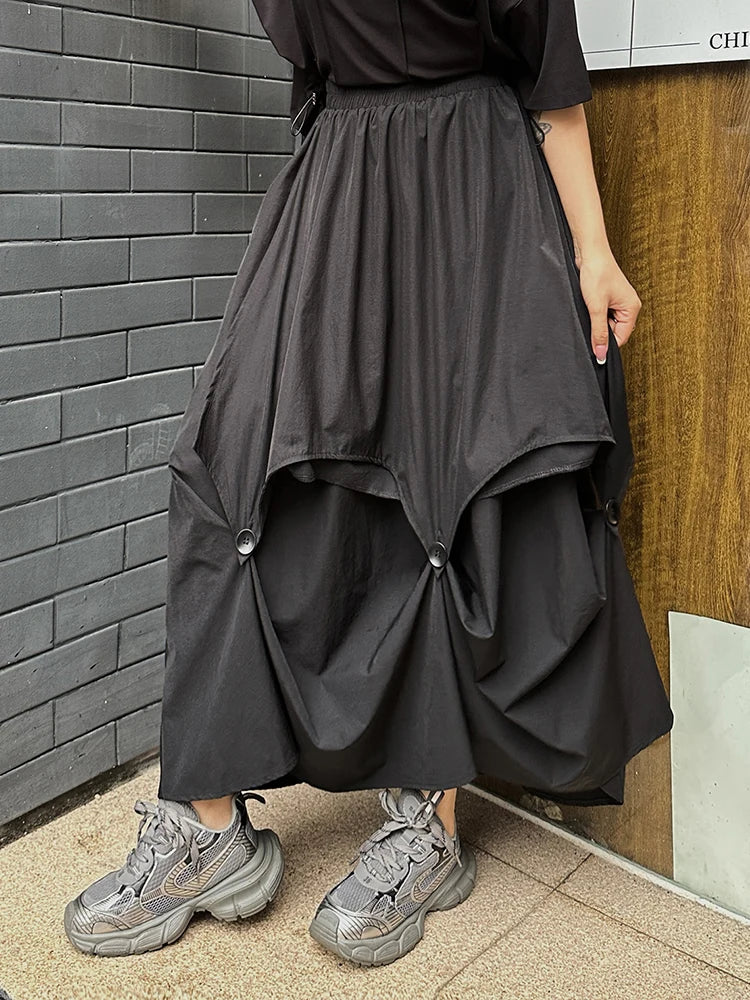 High Elastic Waist Black Button Irregular Pleated A-line Half-body Skirt Women Fashion Tide New Spring Autumn 2025 1DJ1296