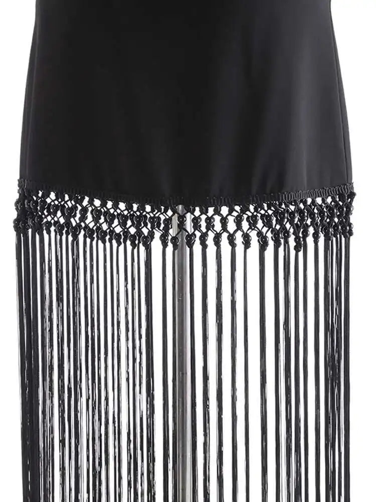 High Waist Black White Nailed Tassels Elegant A-line Half-body Skirt Women Fashion Tide New Spring Autumn 2025 1DH9909