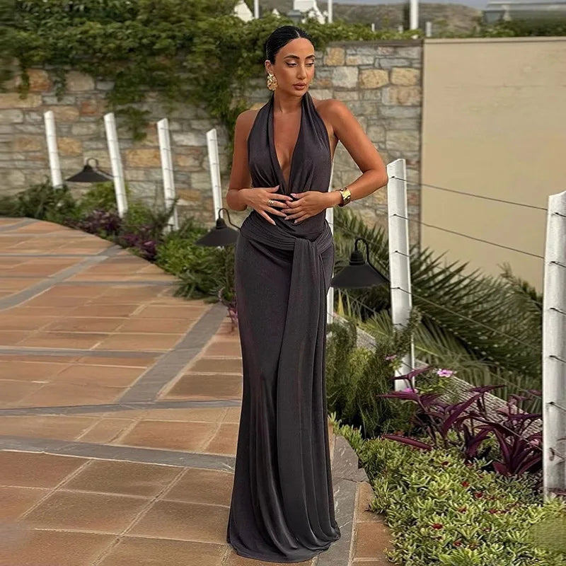Deep V Neck Backless Sexy Maxi Dress For Women Elegant Hollow Out Bandage Sleeveless Bodycon Club Long Dress Fashion