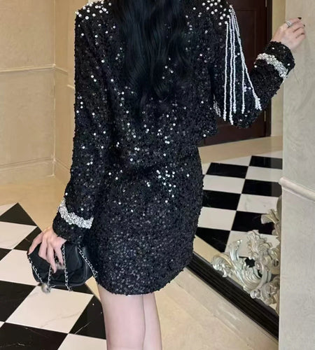 Solid Spliced Sequins Two Piece Sets for Women O Neck Long Sleeves Top Mini Skirt Patchwork Bead Elegant Set Female