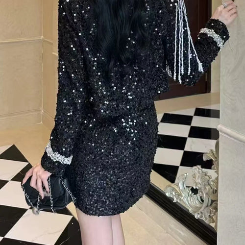 Load image into Gallery viewer, Solid Spliced Sequins Two Piece Sets for Women O Neck Long Sleeves Top Mini Skirt Patchwork Bead Elegant Set Female
