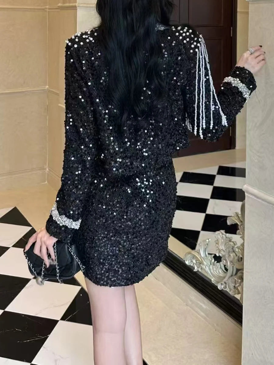 Solid Spliced Sequins Two Piece Sets for Women O Neck Long Sleeves Top Mini Skirt Patchwork Bead Elegant Set Female