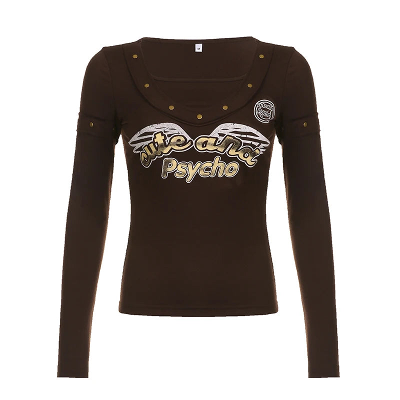 Grunge Vintage Brown Autumn T-shirts Women Top Square Neck Y2K Aesthetic Rivet Slim Autumn Tee Sweats Print Pullover