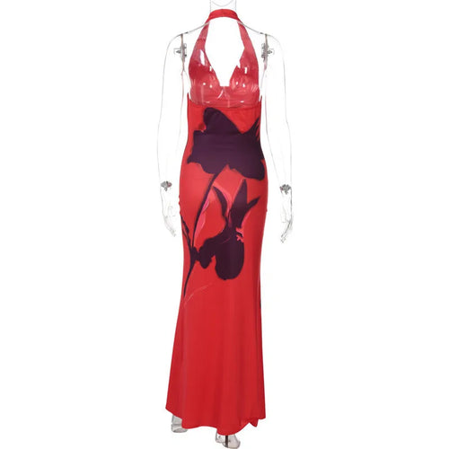 Load image into Gallery viewer, Halter Deep V Neck Printed Maxi Dress For Women Gown Red Off-shoulder Sleeveless Backless Fashion Bodycon Long Dress
