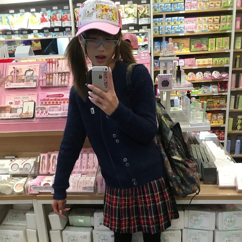 Japanese Y2k Furry Cardigan 2000s Style Knitted Fur Coat Vintage Harajuku Navy Blue Thick Knitwear Korean Fashion 90s