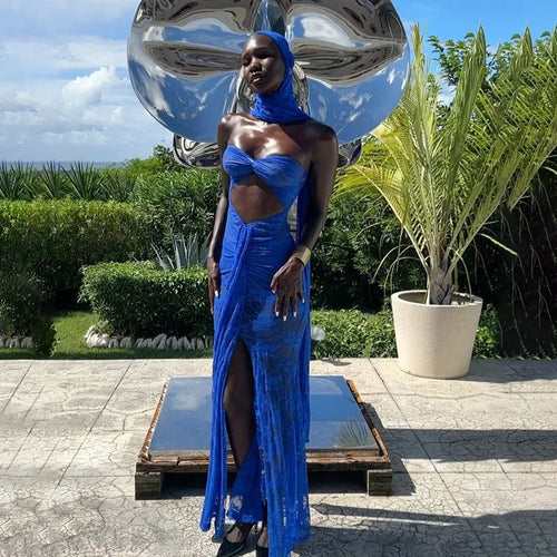 Load image into Gallery viewer, Lace See Through Strapless Sexy Maxi Dress For Women Gown Halter Hollow Out Sleeveless Backless High Split Long Dress
