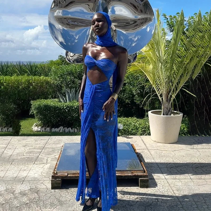 Lace See Through Strapless Sexy Maxi Dress For Women Gown Halter Hollow Out Sleeveless Backless High Split Long Dress