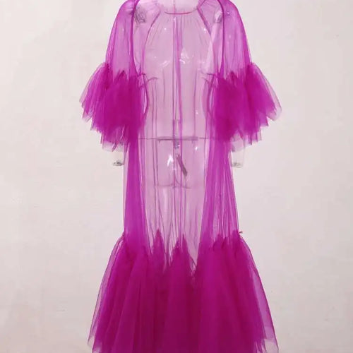 Load image into Gallery viewer, Women Purple Ruffles Mesh Perspective Big Size Long Dress New Round Neck Half Sleeve Fashion Spring Summer 2025 JR7711
