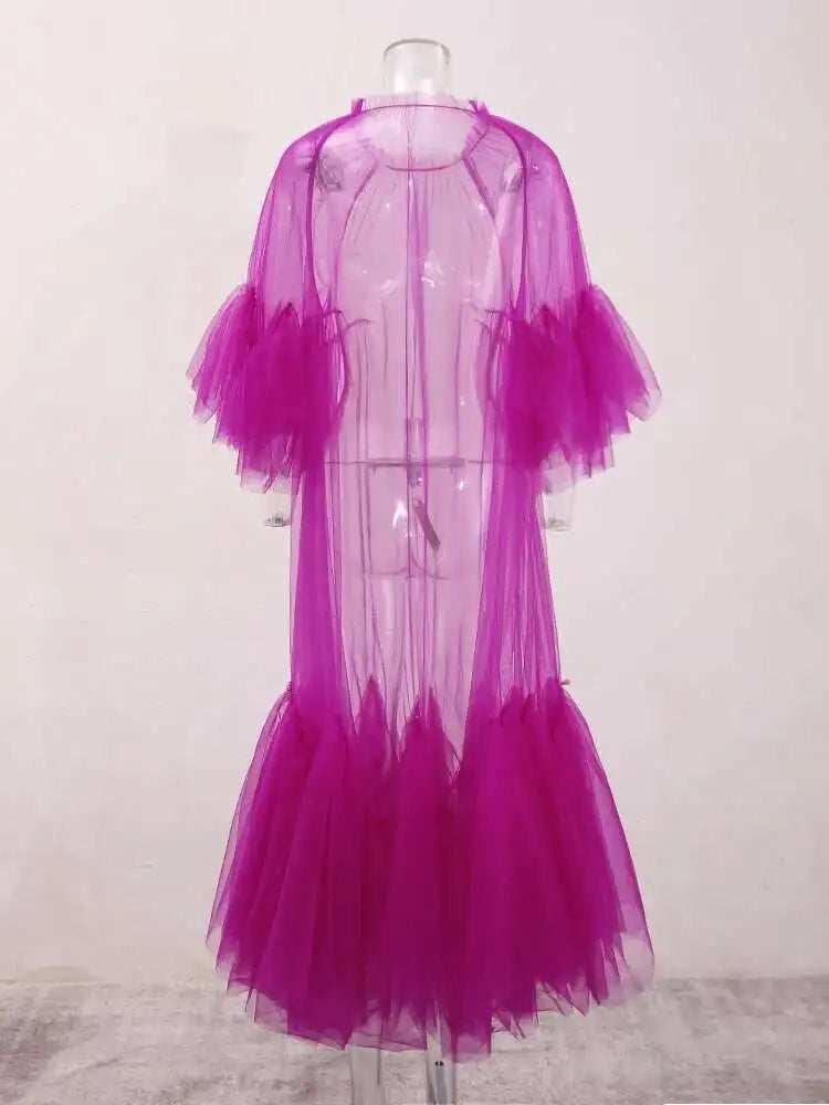 Women Purple Ruffles Mesh Perspective Big Size Long Dress New Round Neck Half Sleeve Fashion Spring Summer 2025 JR7711