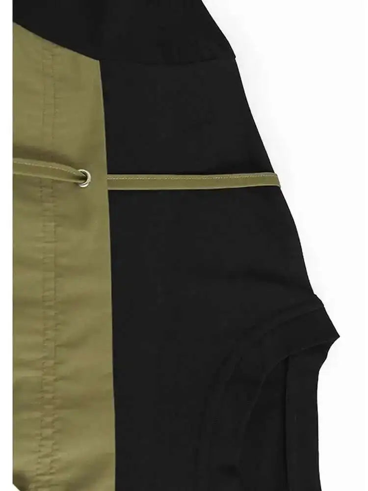 Women Khaki Color-block Pleated Big Size Midi Dress New Round Neck Short Sleeve Fashion Tide Spring Summer 2025 1DH5680