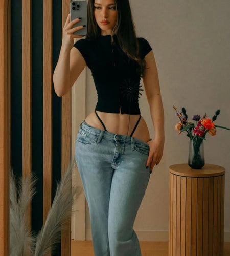 See Through t-Shirt Women Single-Breasted Half-High Neck Tassel Midnight Hottie Versatile Street Skinny Fashionable Tops