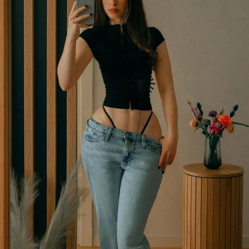 Load image into Gallery viewer, See Through t-Shirt Women Single-Breasted Half-High Neck Tassel Midnight Hottie Versatile Street Skinny Fashionable Tops
