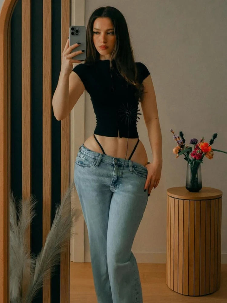 See Through t-Shirt Women Single-Breasted Half-High Neck Tassel Midnight Hottie Versatile Street Skinny Fashionable Tops