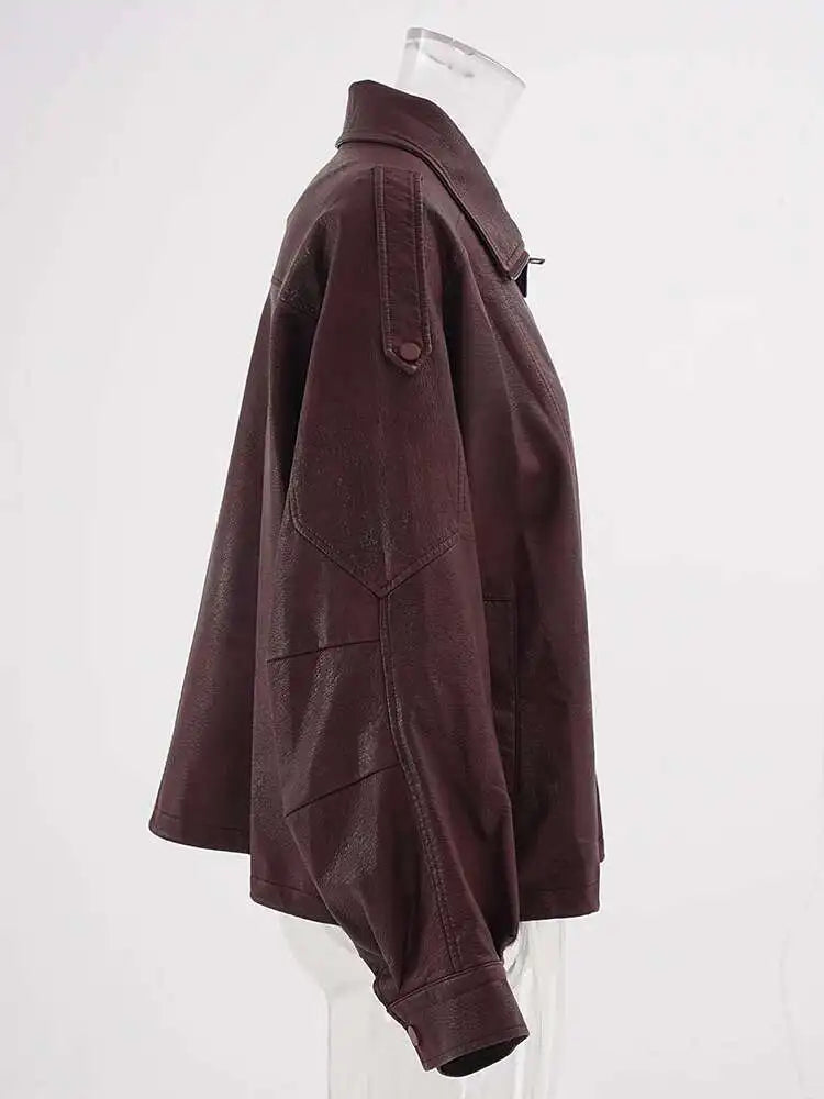 PU Leather Wine Red Vintage Big Size Jacket New Lapel Long Sleeve Women Coat Fashion Tide Spring Autumn 2025 CP6A0015