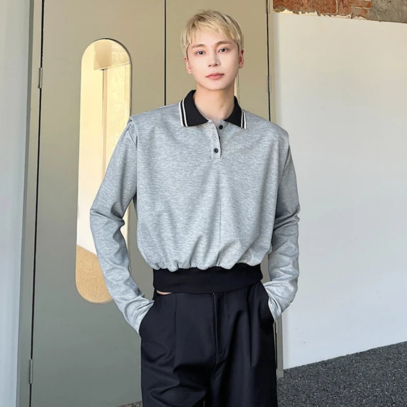 Male T-shirts New College Style Short Personalized Lapel Turn-down Collar Contrast Color Spliced Top Spring Trend 9W1279