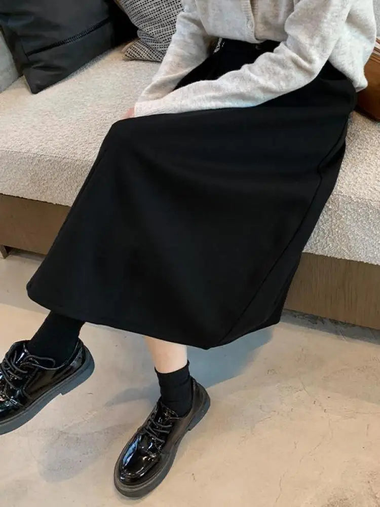 Autumn Winter Black Oversized Woolen Long Skirt Women Korean Fashion Ladies Brown High Waist Pleated Skirt Casual Streetwear new