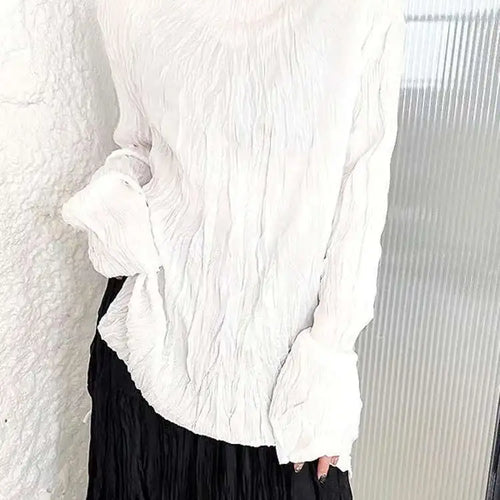 Load image into Gallery viewer, Women White Pleated Thin Big Size Casual T-shirt New Round Neck Long Sleeve Fashion Tide Spring Autumn 2025 1DH7229

