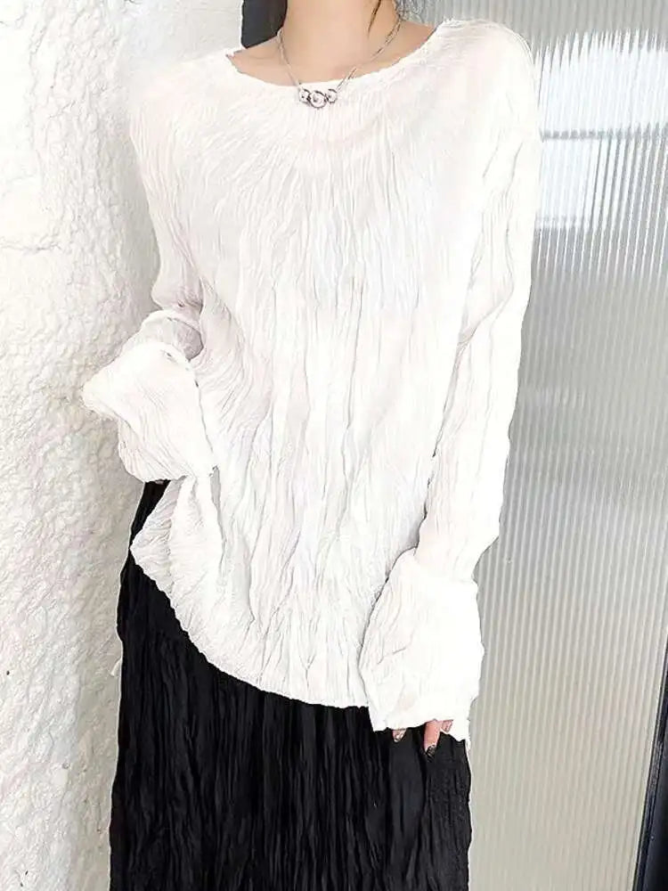 Women White Pleated Thin Big Size Casual T-shirt New Round Neck Long Sleeve Fashion Tide Spring Autumn 2025 1DH7229