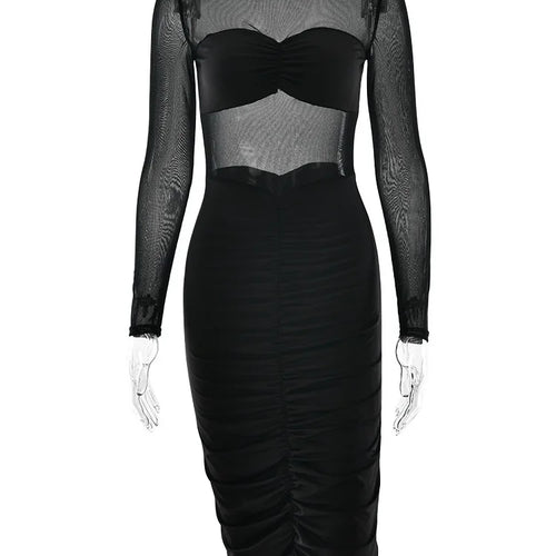 Load image into Gallery viewer, Elegant Long Sleeve Mesh Patchwork Bodycon Party Club Evening Dress Women Winter New 2025 Sexy Tight Perspective Vestido
