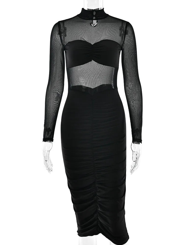 Elegant Long Sleeve Mesh Patchwork Bodycon Party Club Evening Dress Women Winter New 2025 Sexy Tight Perspective Vestido