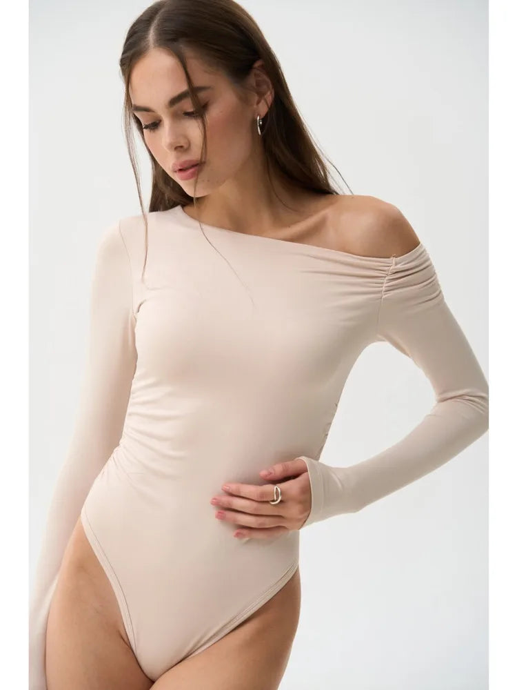 Fashion Stretch Tight Long Sleeve Slanted Shoulder Women Bodysuit 2025 Autumn/Winter New Rompers Sexy Slim Casual Street