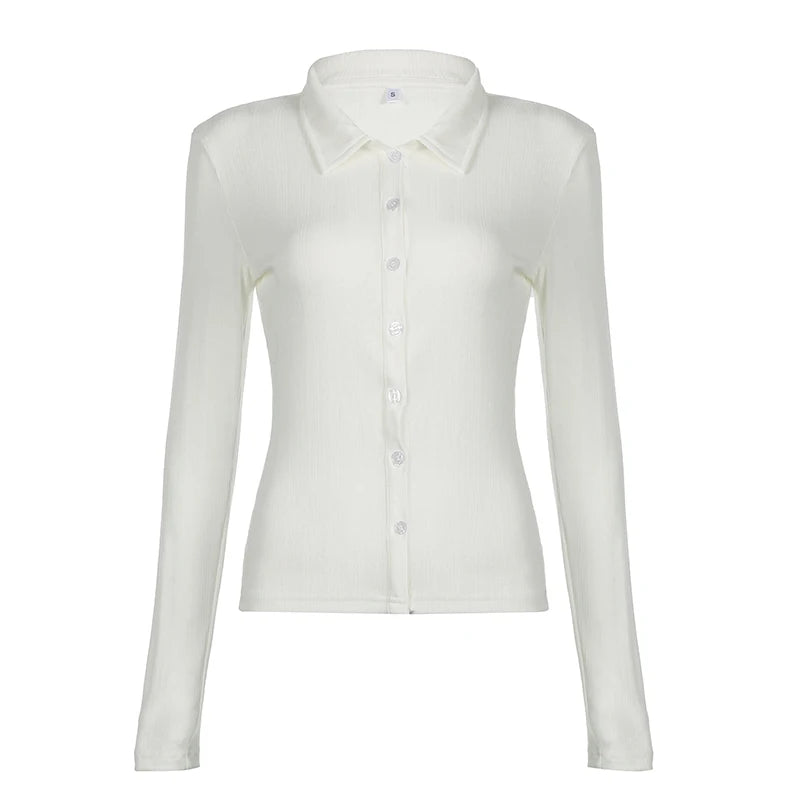 Casual Elegant Jacquard Single Breasted White Shirt Y2K Skinny Spring Autumn Knitwear Gentle Mature All Match Blouses