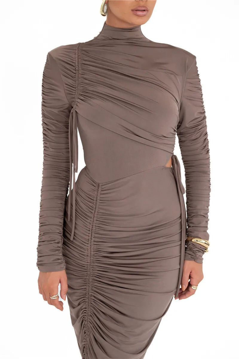 Long Sleeve Ruched Sexy Maxi Dress For Women Autumn Winter New Drawstring Turtleneck Bodycon Sexy Long Dress Elegant