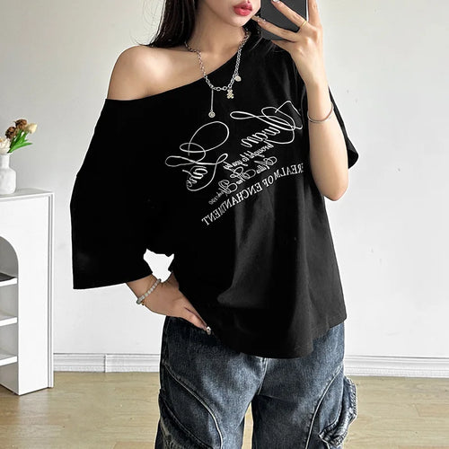 Load image into Gallery viewer, Y2k Aesthetic Casual Off Shoulder T-shirt Loose Letter Printing Harajuku Tshirts Grunge Vintage Streetwear Oversized Tee Shirts
