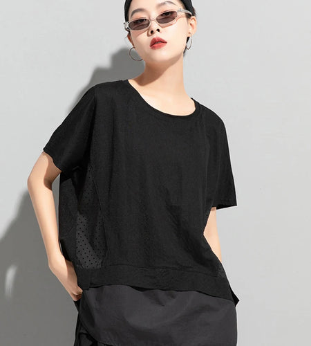 Women Black Dot Printed Spliced Big Size Casual T-shirt New Round Neck Short Sleeve Fashion Spring Summer 2025 1DJ1762