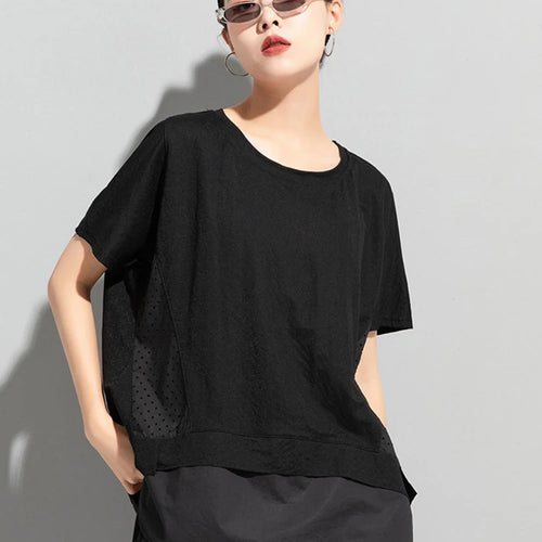 Load image into Gallery viewer, Women Black Dot Printed Spliced Big Size Casual T-shirt New Round Neck Short Sleeve Fashion Spring Summer 2025 1DJ1762
