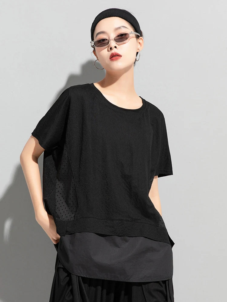Women Black Dot Printed Spliced Big Size Casual T-shirt New Round Neck Short Sleeve Fashion Spring Summer 2025 1DJ1762