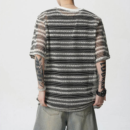 Load image into Gallery viewer, Men's T-shirts Short Sleeve New Korean Style Niche Summer Ice Silk Striped Design Pullover Personality Male Tees 9W1942
