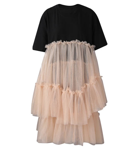 Women Black Mesh Color-block Big Size Knee-Length Dress New Round Neck Short Sleeve Fashion Spring Summer 2025 CPG3040