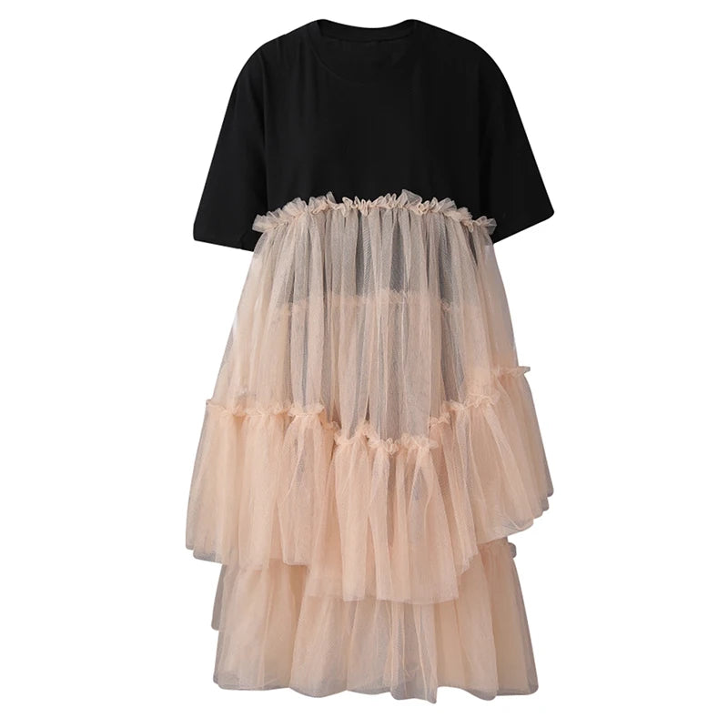 Women Black Mesh Color-block Big Size Knee-Length Dress New Round Neck Short Sleeve Fashion Spring Summer 2025 CPG3040