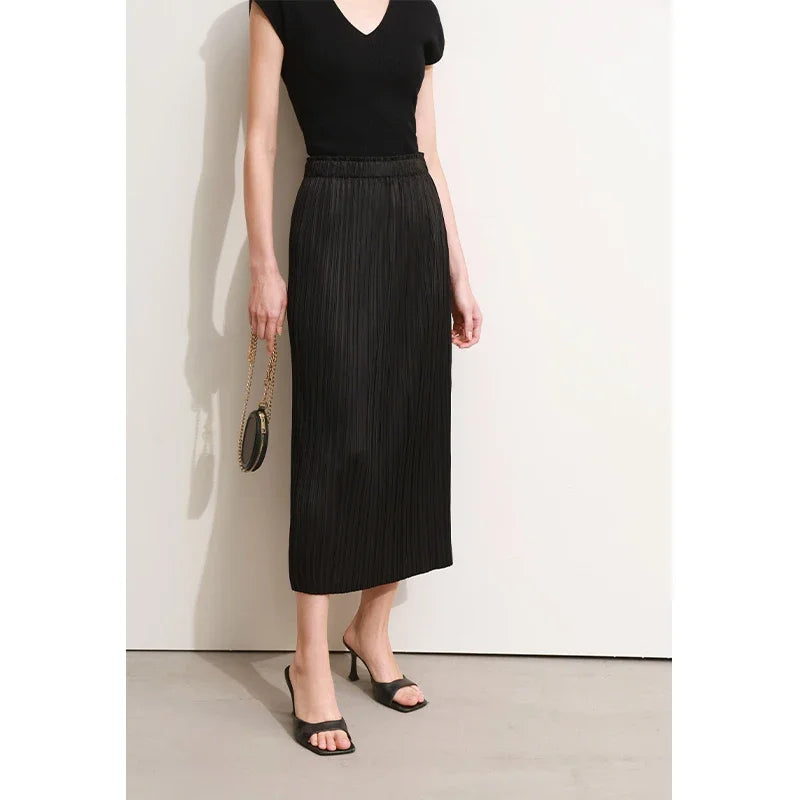 Minimalism Women's Skirt Office Lady 2025 Autumn New Solid Color Elastic Waist Straight Casual Pleated Skirt Long 12342617