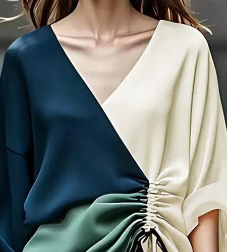 Fall Blouses for Women 2024 Fashion V-Neck Drawstring New Contrast Color Loose Long Sleeves Elegant Shirts Tops