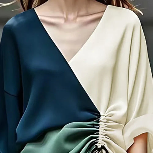 Load image into Gallery viewer, Fall Blouses for Women 2024 Fashion V-Neck Drawstring New Contrast Color Loose Long Sleeves Elegant Shirts Tops
