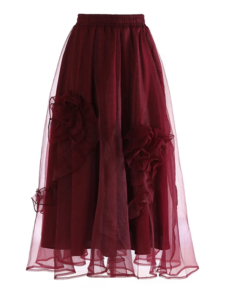 High Elastic Waist Khaki Three-dimensional Flower Mesh Half-body Skirt Women Fashion Tide New Spring Autumn 20251DJ0912