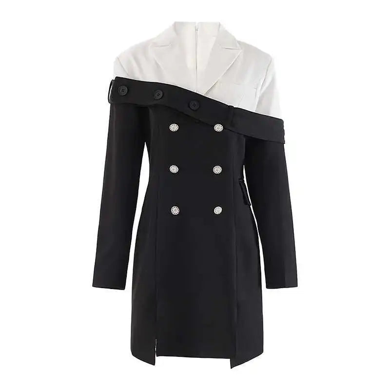 Women Black Double Breasted Color-block Mini Blazer Dress New Lapel Long Sleeve Fashion Tide Spring Autumn 2025 CPDB254