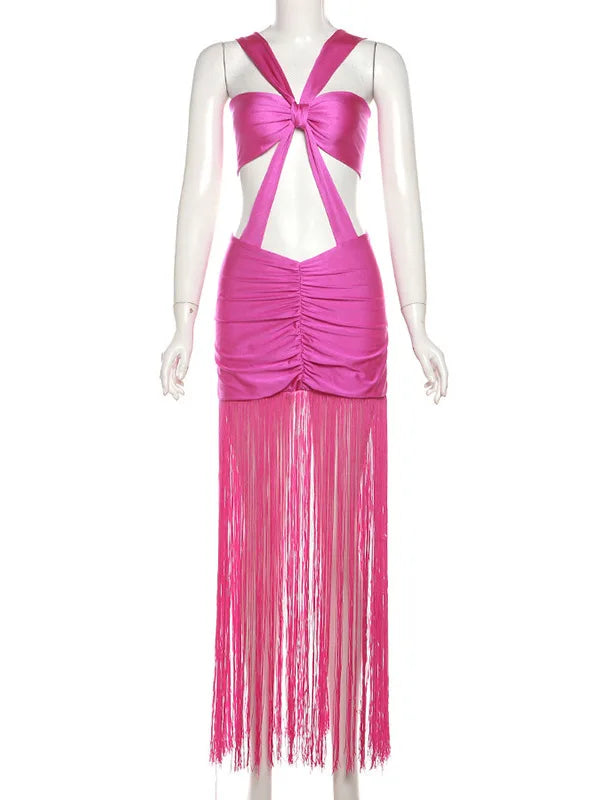 Sexy Sleeveless Hollow Out Women's Dress Bodycon Lace Up Long Tassel Party Club Evening Dress Tight Nightclub Vestidos