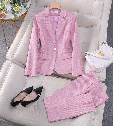Spring Autumn Plaid Splice Slim Elegant Blazer Jacket And High Waist Pants Two Piece Set Women's Suit Office Business Outfit New