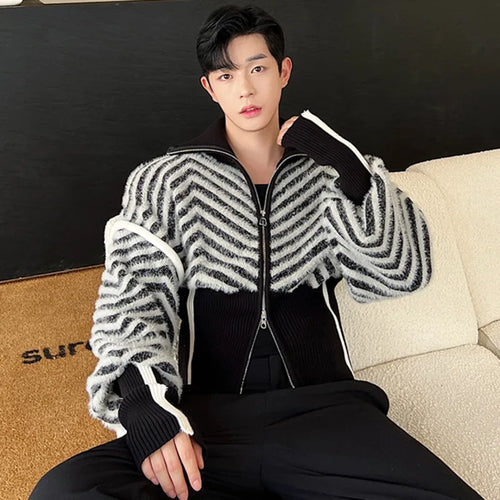 Load image into Gallery viewer, Men&#39;s Sweaters Jackets Casual Stripe Contrast Color Turn-down Collar Male Knitting Cardigan Korean Fashion Spring 9C2689
