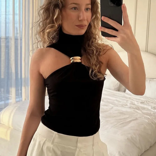 Load image into Gallery viewer, Turtleneck Basic Knit Tank Tops Women Vest Pullovers Metal Ring Camisole Sleeveless Skinny Knitted Tops Y2K Cropped Top
