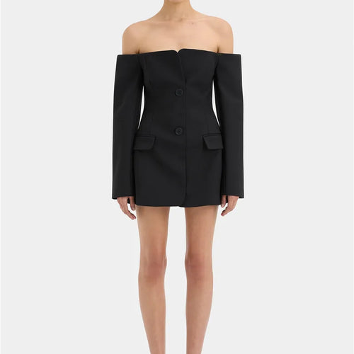 Load image into Gallery viewer, Off-shoulder Strapless Sexy Blazer Dress For Women Fashion Solid Zipper Two Pocket Long Sleeve Backless Mini Dress
