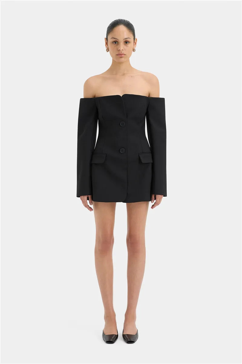 Off-shoulder Strapless Sexy Blazer Dress For Women Fashion Solid Zipper Two Pocket Long Sleeve Backless Mini Dress