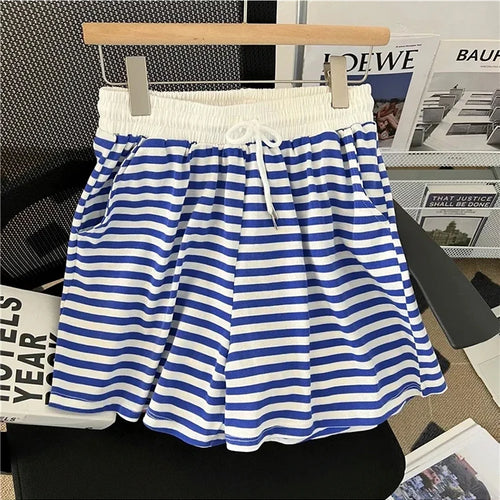 Load image into Gallery viewer, Summer Chic Preppy Style Women&#39;s Two Piece Set Loose Blue Green Striped Top Elastic Waist Wide Leg Short Available in Sizes M-XL
