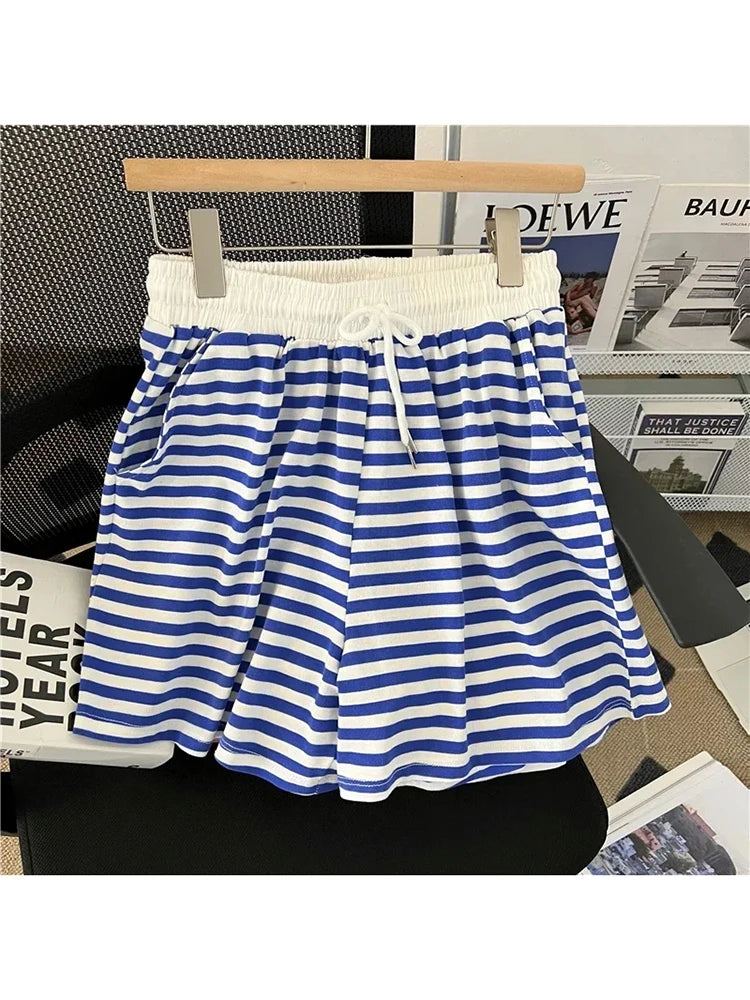 Summer Chic Preppy Style Women's Two Piece Set Loose Blue Green Striped Top Elastic Waist Wide Leg Short Available in Sizes M-XL