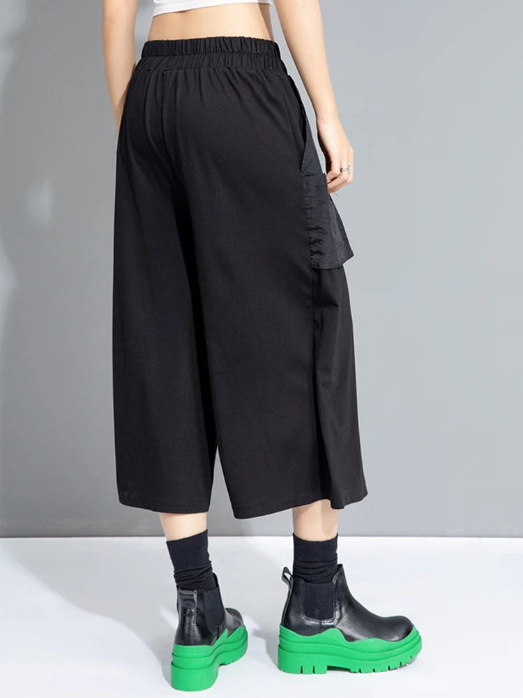 High Elastic Waist Black Spliced False Two Calf-Length Pants New Trousers Women Fashion Tide Spring Autumn 2025 1DJ0909