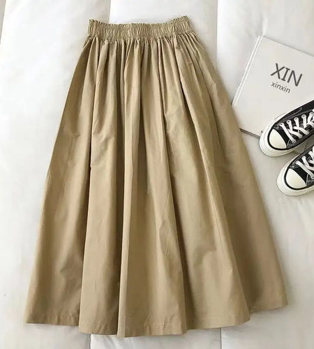 Korean Black White High Waist Vacation Slim Pleated Long Skirt Spring Summe Women Blue Khaki Elegant Workwear A-line Skirt Trend