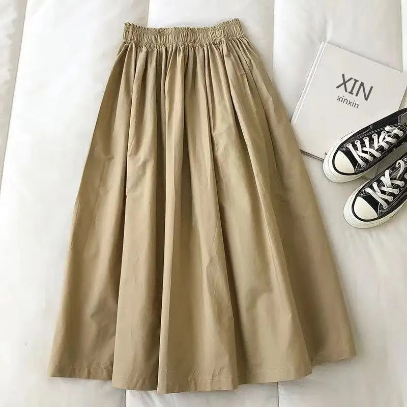 Korean Black White High Waist Vacation Slim Pleated Long Skirt Spring Summe Women Blue Khaki Elegant Workwear A-line Skirt Trend